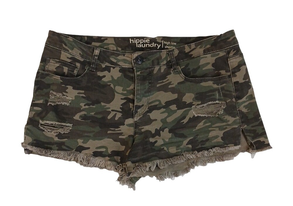 Hippy Laundry Camo High Low Shortie Shorts Size 13 Stretch Destroyed #1630